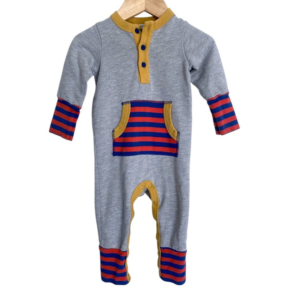 Baby Boden Playful Snap Romper - Gray with Pocket & Stripes - Baby 3-6M